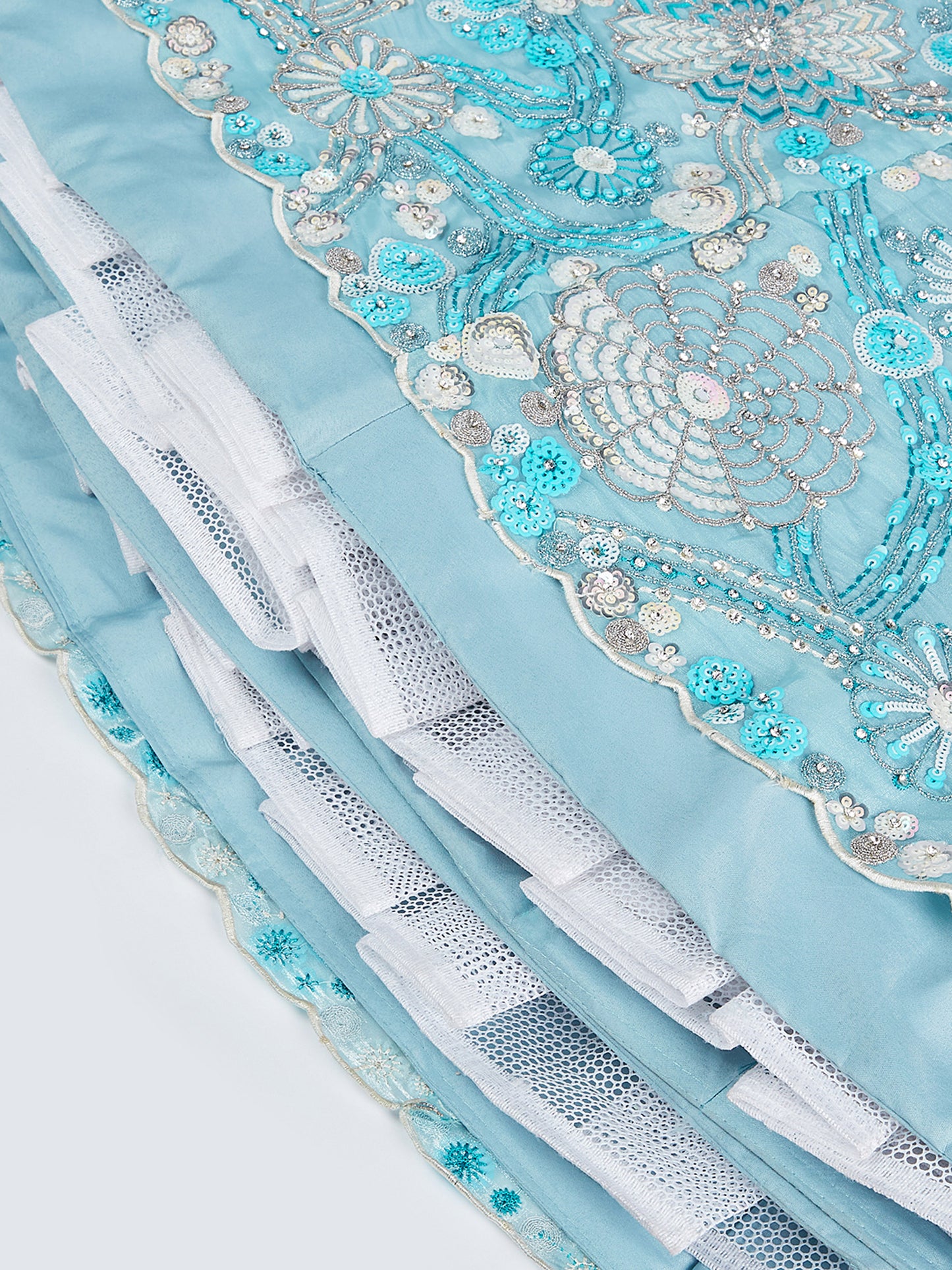 Sky blue Organza Sequins, Zarkan and thread embroidery Lehenga