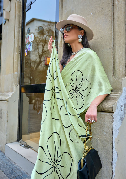 Pista Green Klutch Japan Satin Print Saree