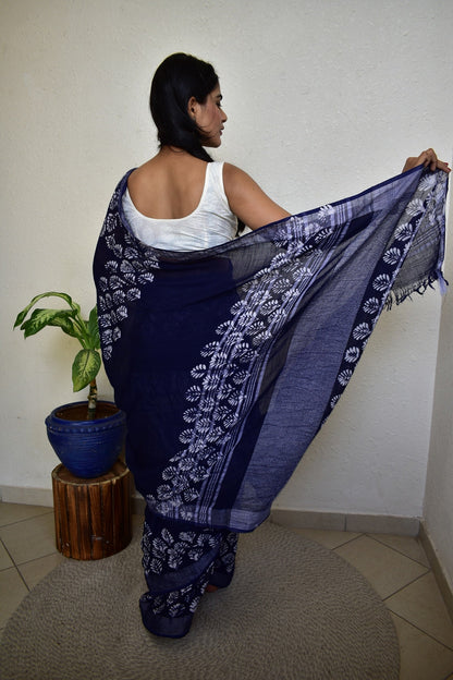 Indigofera Elegance - Blue Handblock Print Natural Dyed - Linen Cotton Saree