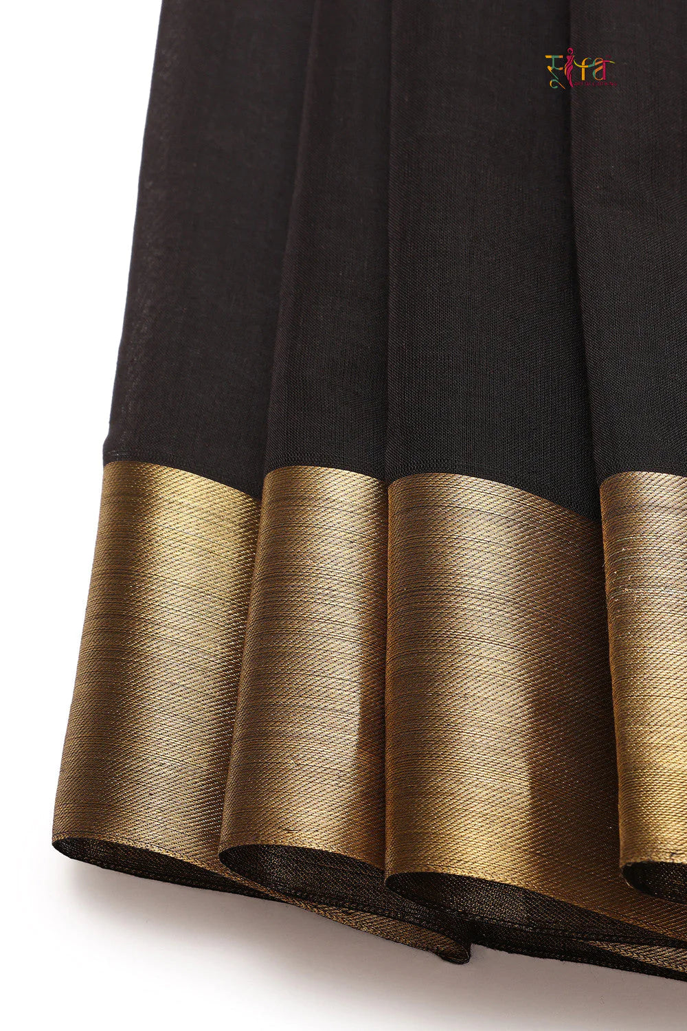Handloom Ink Black Pure Cotton Kanchi Contemporary Saree with Golden Zari Motifs & Border