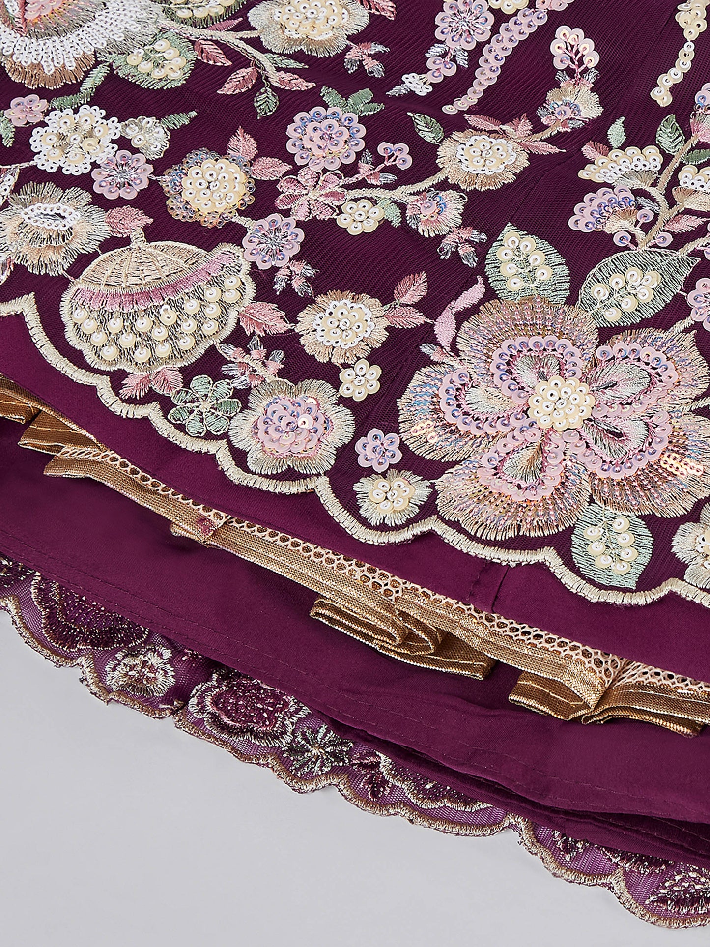 Burgundy Net Sequins and thread embroidery Lehenga choli & Dupatta