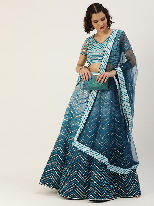 Women Teal shading Net Mirror Embroidered Semi-Stitched Lehenga & Blouse with Dupatta