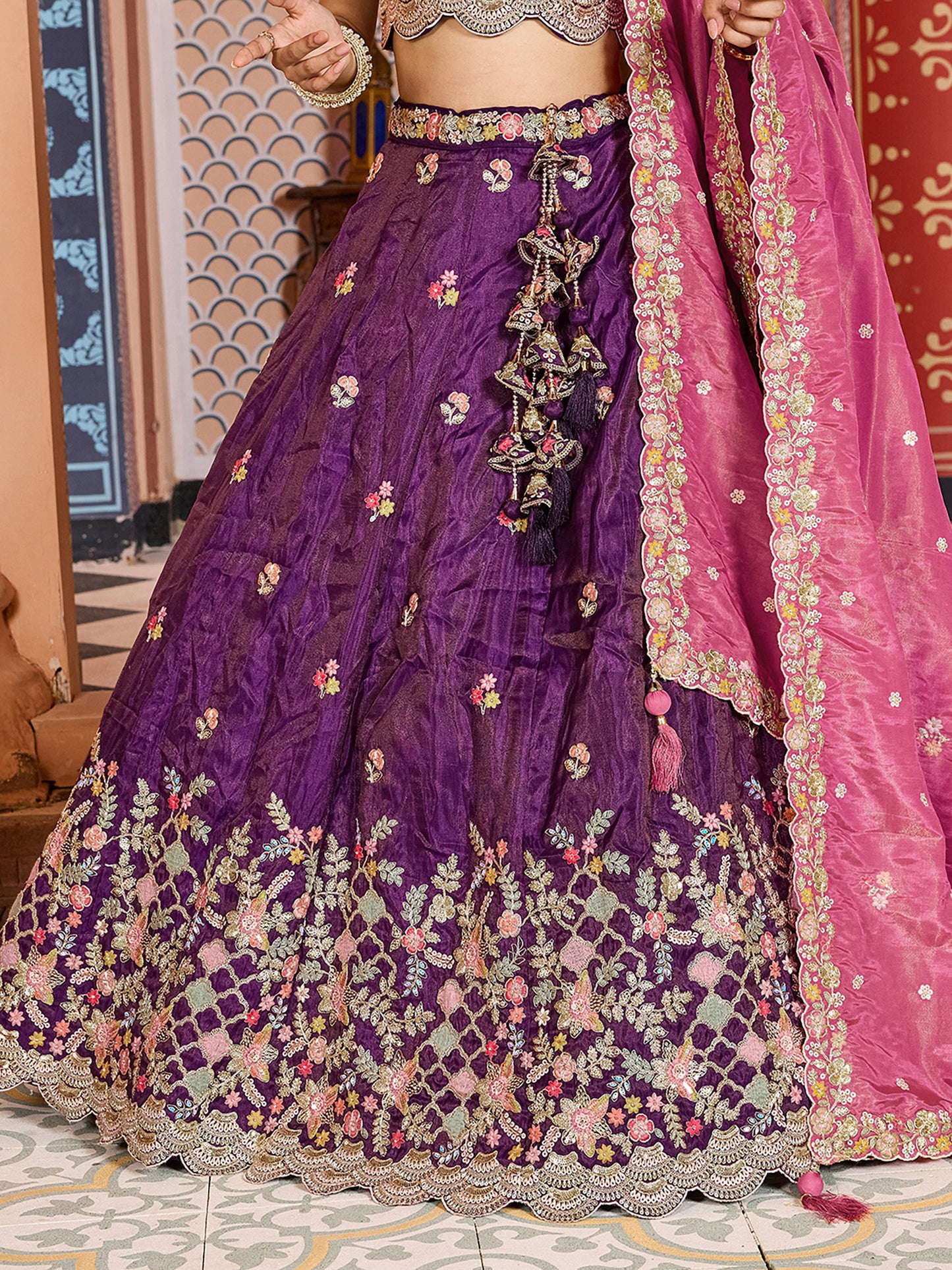 Purple Tissue Sequins embroidery Bridesmaid Lehenga Choli