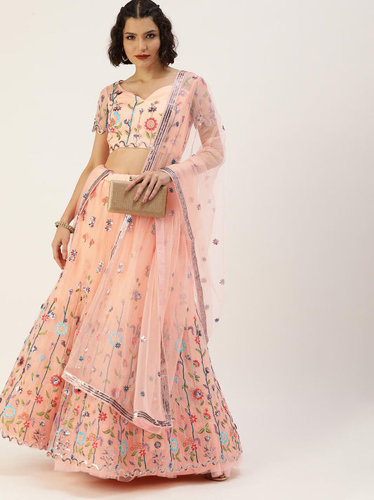 Women Peach Net Sequinse Embroidered Semi-Stitched Lehenga & Blouse with Dupatta
