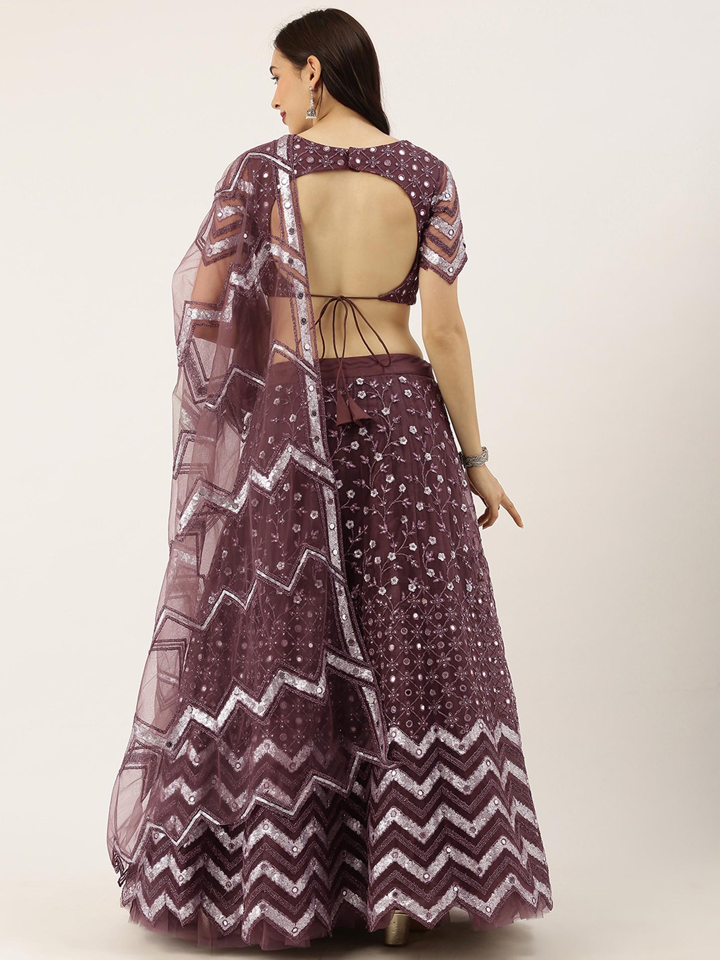 Burgundy Net Semi Stitched Coding, Sequins and Mirror work Lehenga Choli