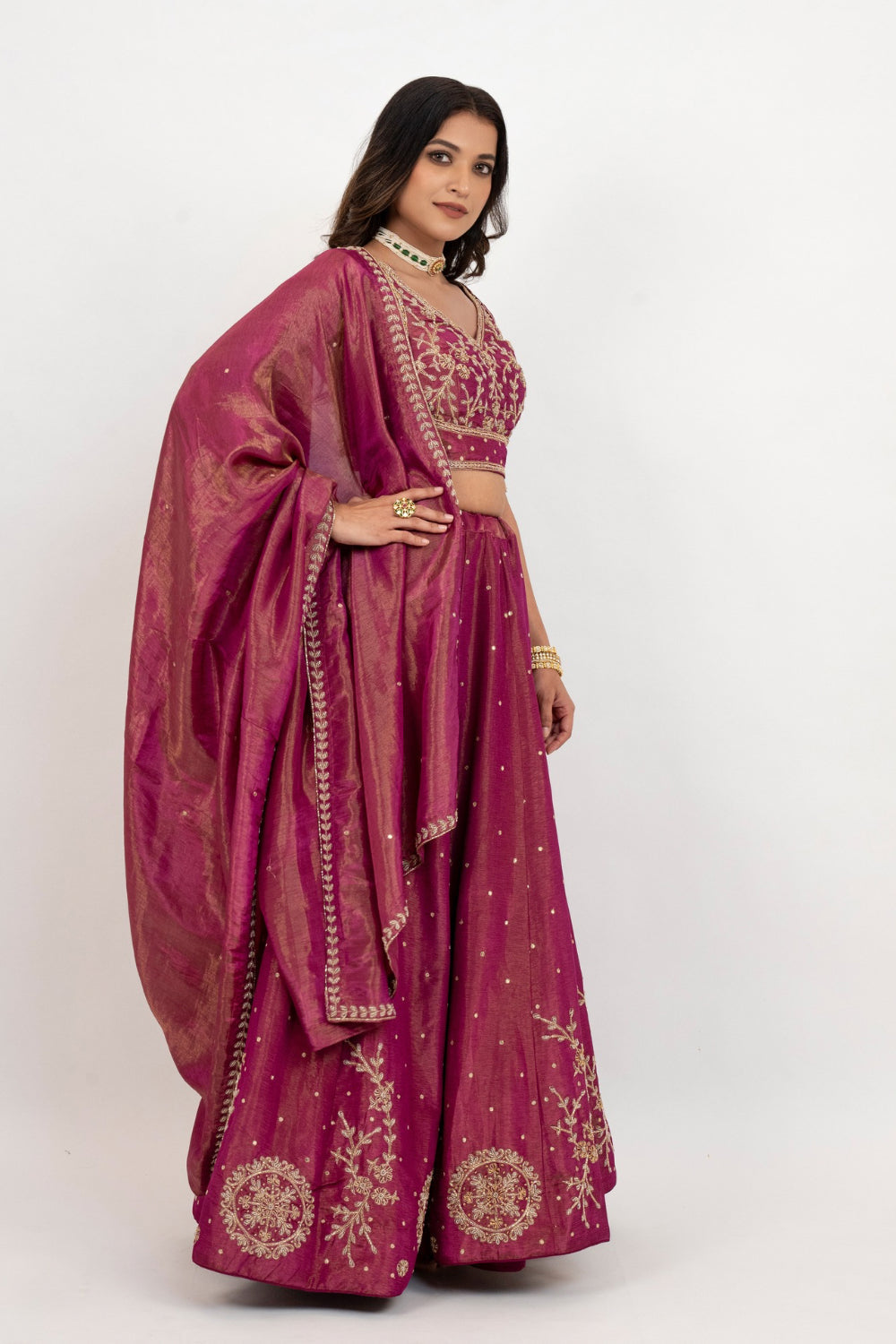 Magenta tissue silk zardozi embroidered lehenga choli with hand cut dana and beads work