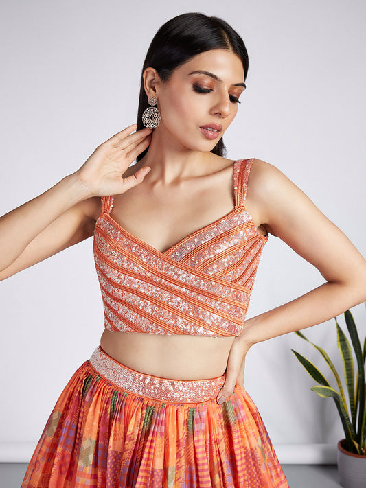 Orange colour Organza Treditional design digital print Lehenga