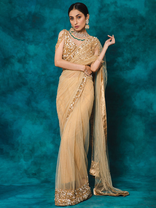 Beige Color Heavy Sequence Embroidery Net Saree