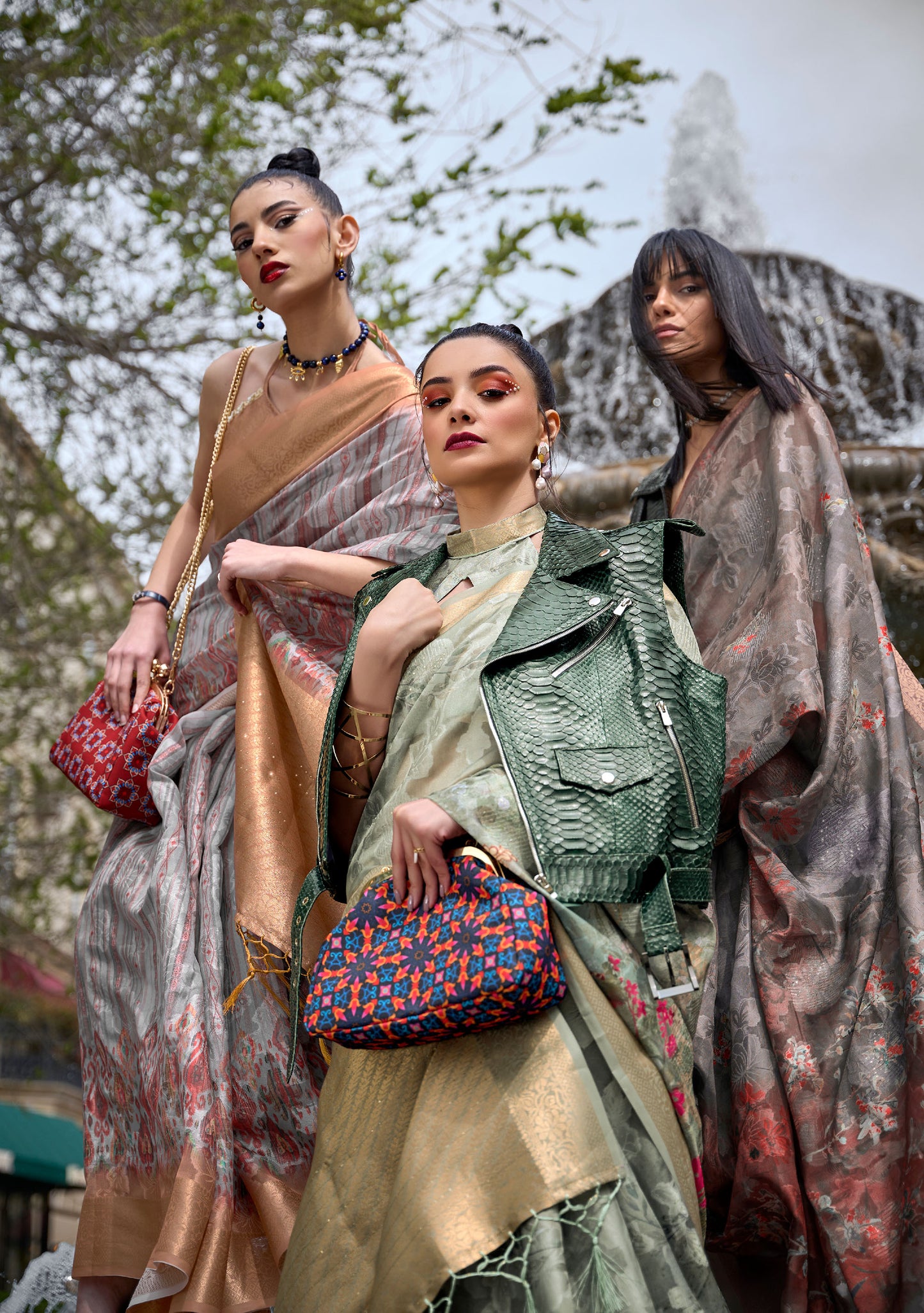 Olive Green Floral Kinsel Printed Poly Handloom Saree