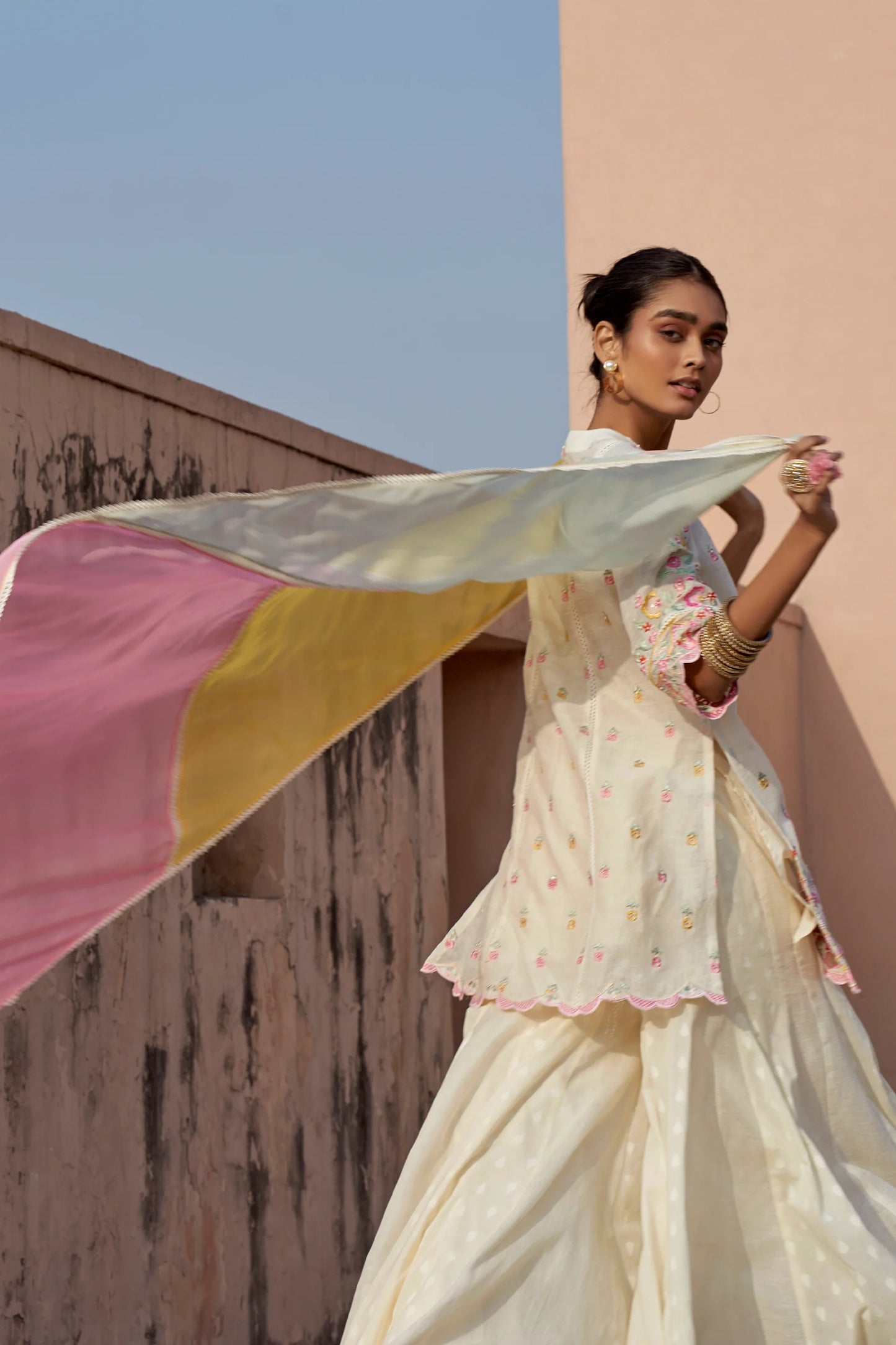 Kaari Natural Linen Kurta with Jacquard Sharara