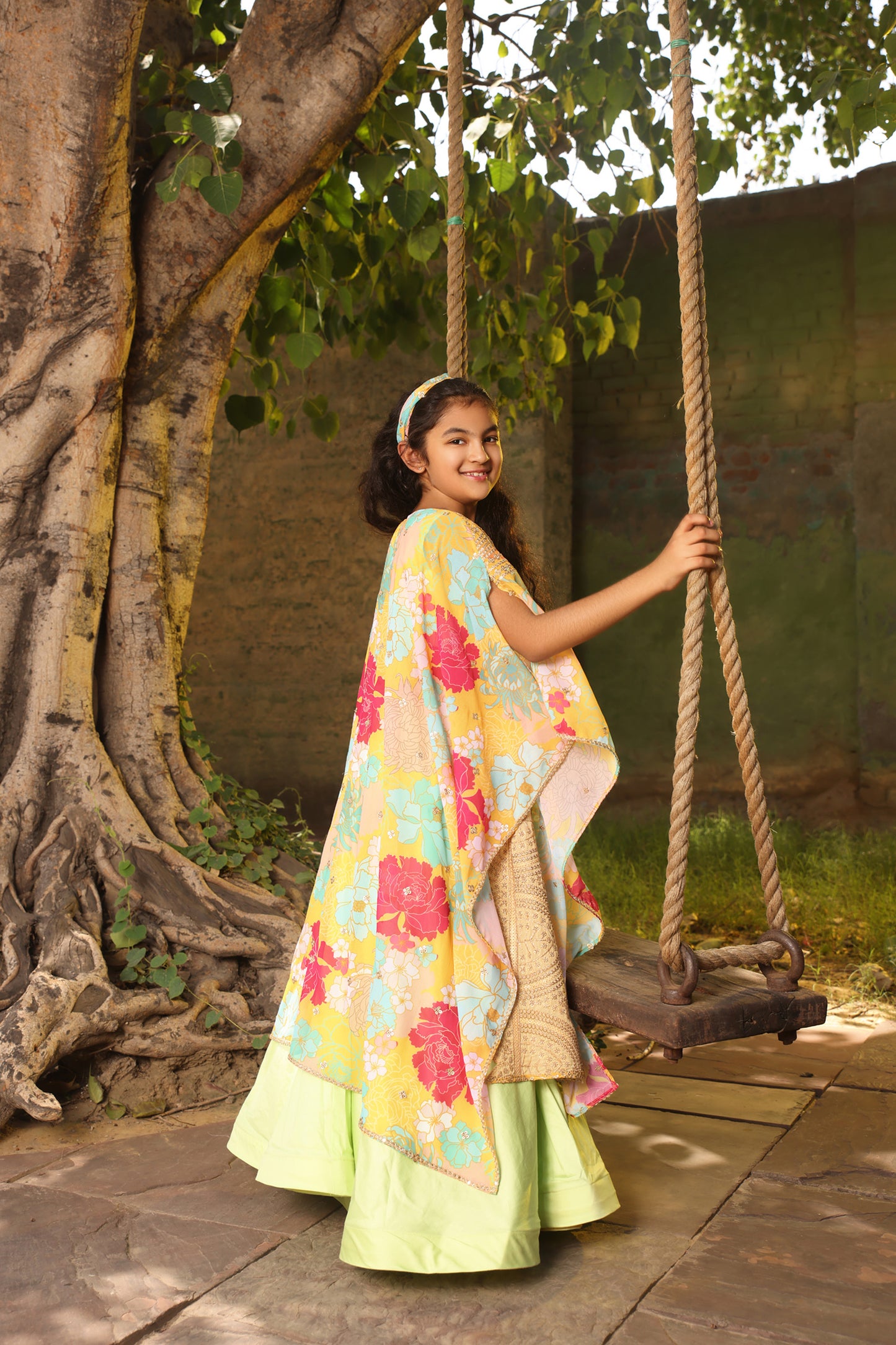 Green Anarkali Pant with Printed Cape