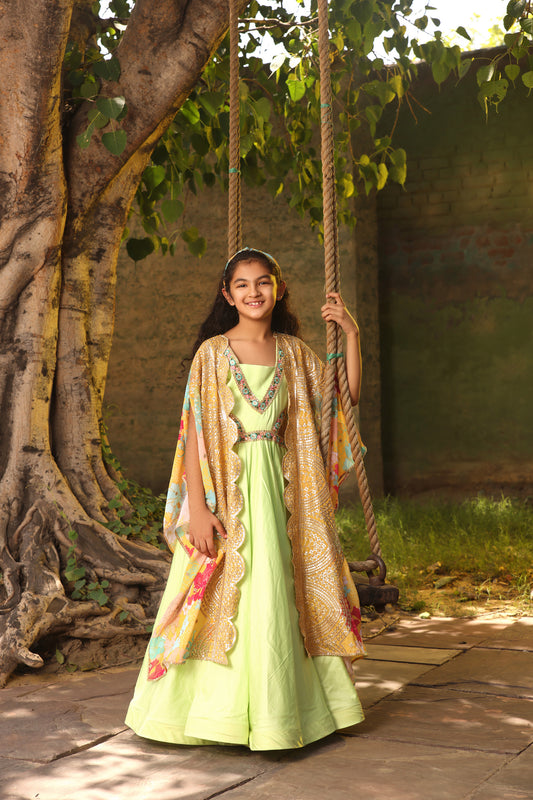 Green Anarkali Pant with Printed Cape