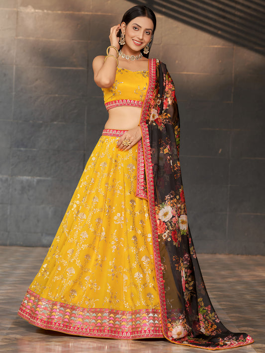 Yellow & Black Georgette Sequins & Zari Embroidered Lehenga for Haldi