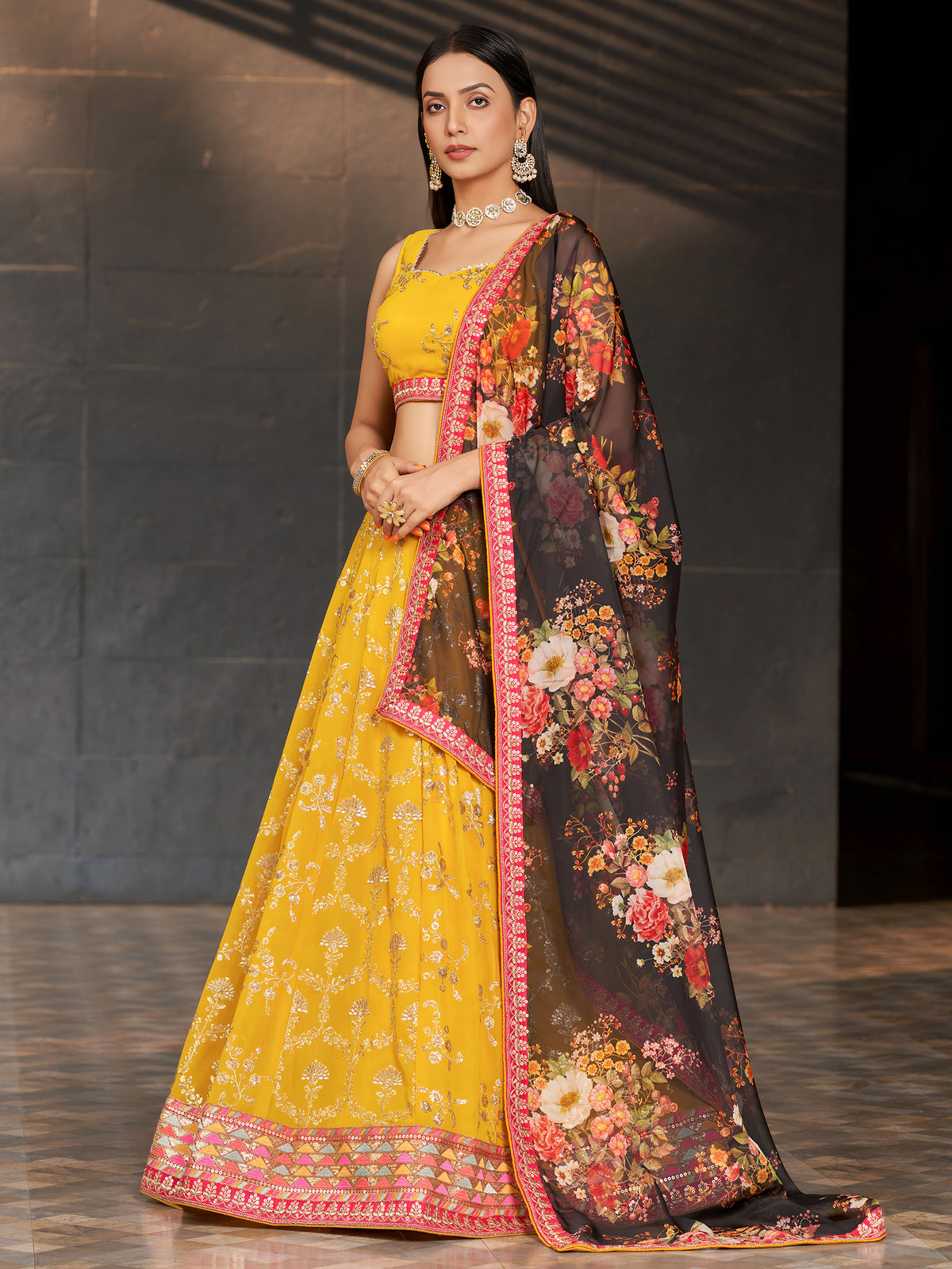 Yellow & Black Georgette Sequins & Zari Embroidered Lehenga for Haldi