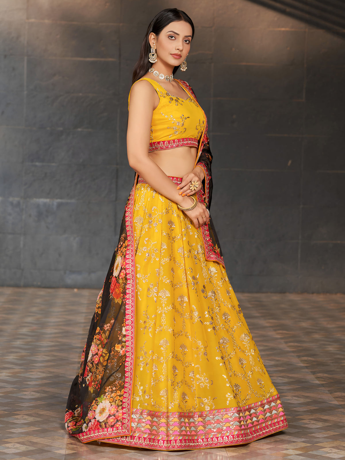 Yellow & Black Georgette Sequins & Zari Embroidered Lehenga for Haldi