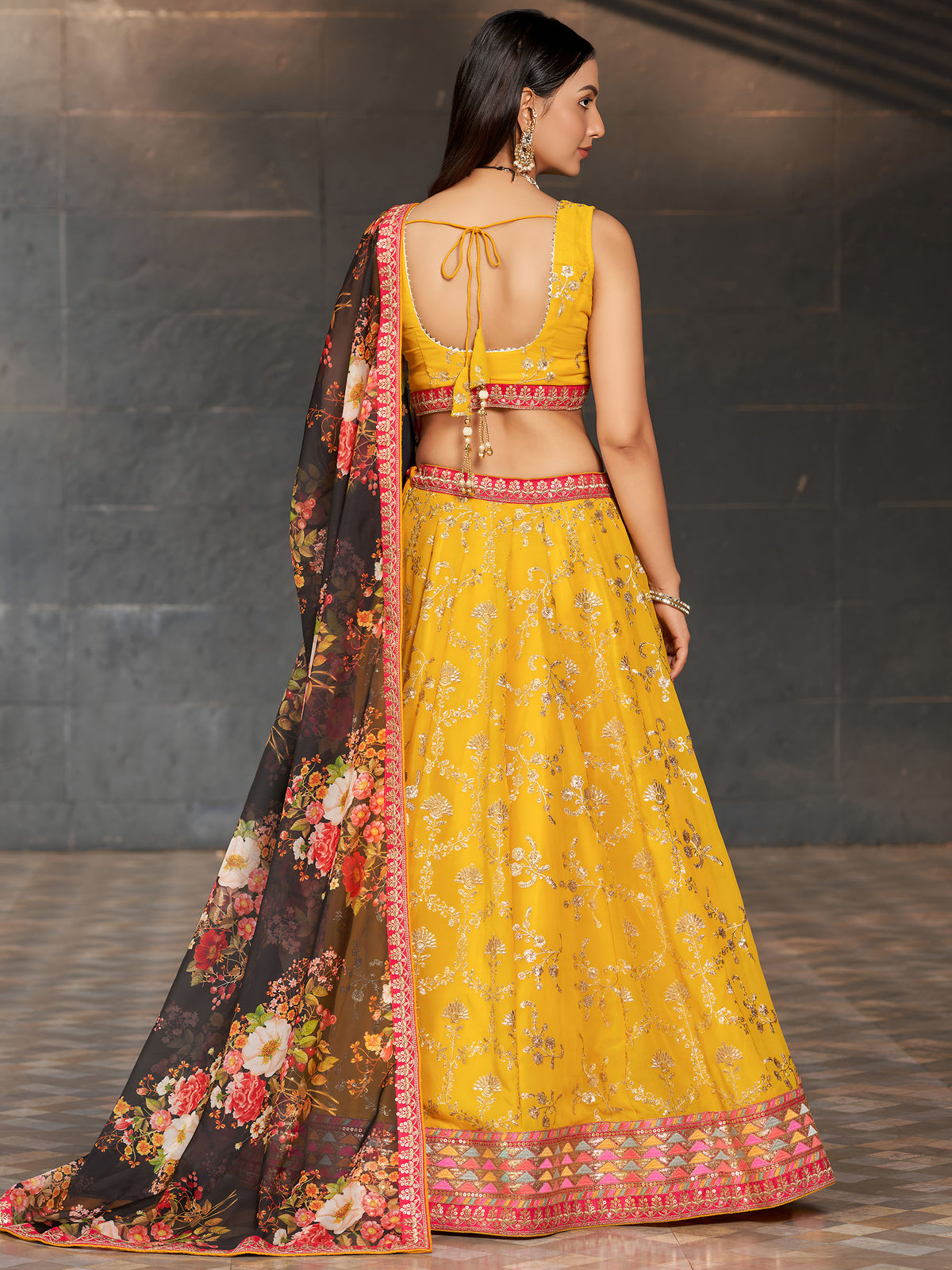 Yellow & Black Georgette Sequins & Zari Embroidered Lehenga for Haldi