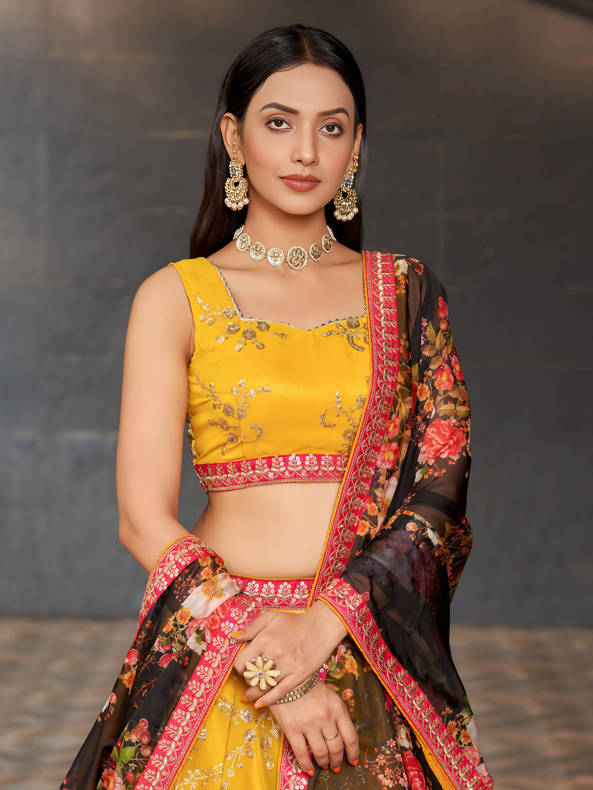 Yellow & Black Georgette Sequins & Zari Embroidered Lehenga for Haldi