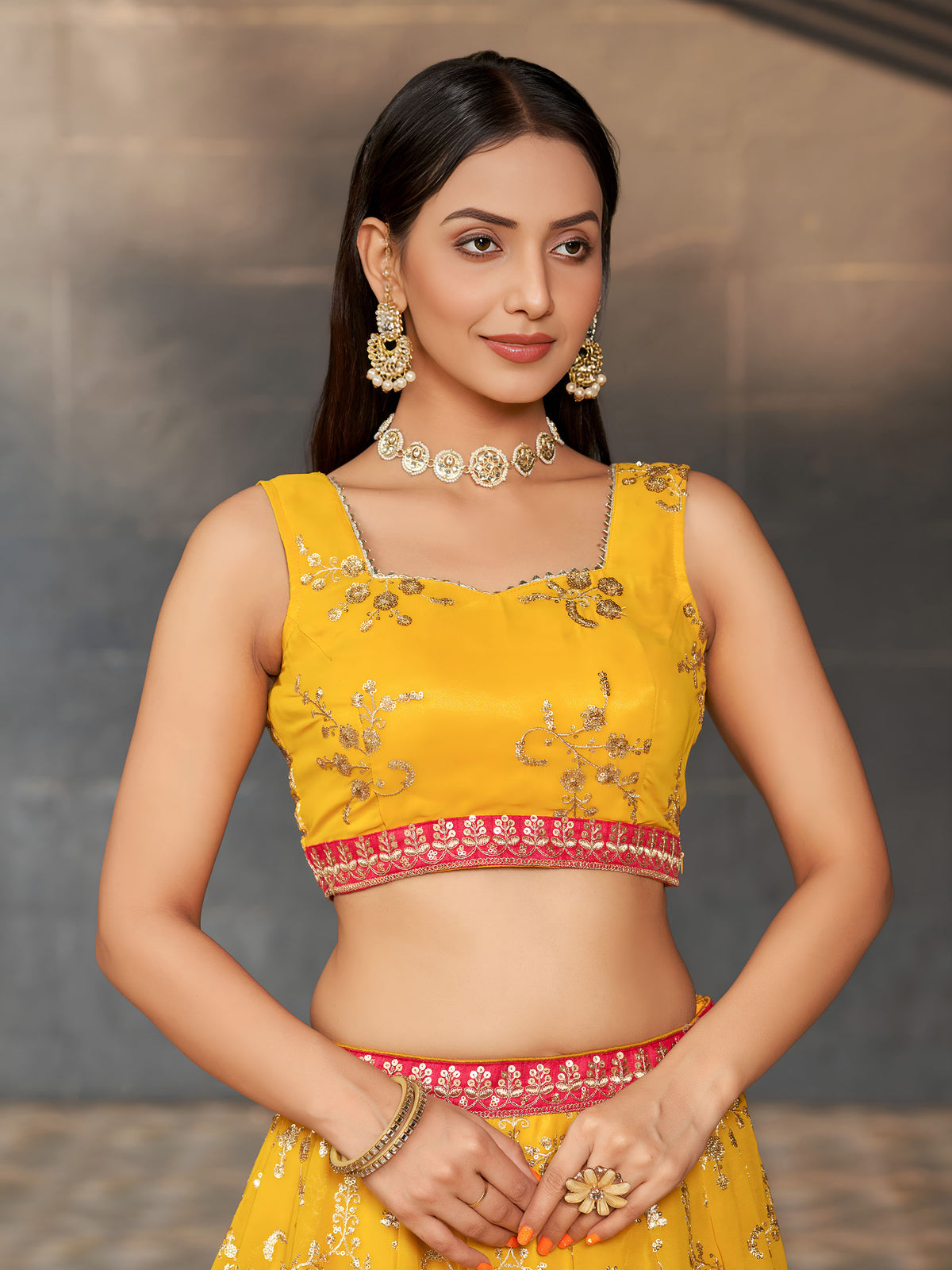 Yellow & Black Georgette Sequins & Zari Embroidered Lehenga for Haldi