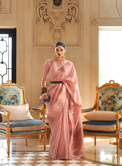 Peach Kyaari Silk Tissue Zari Khicha Zari Handloom Saree