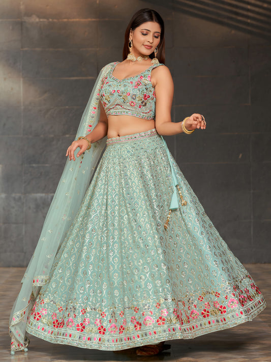 Sky Blue Georgette Sequins & Zari Embroidered Festive Lehenga Choli