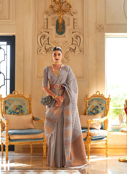 Grey Kyaari Silk Tissue Zari Khicha Zari Handloom Saree