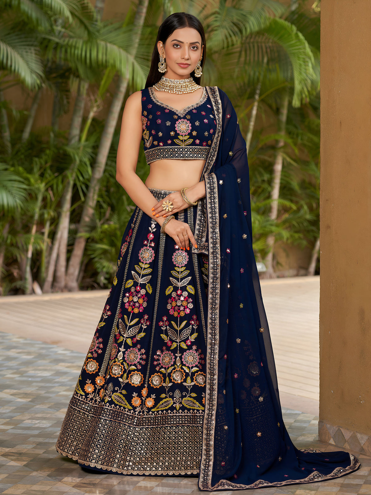 Navy Blue Georgette Sequins & Zari Embroidered Lehenga for Wedding Guest