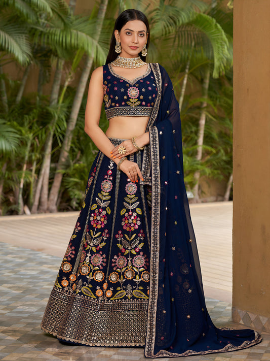 Navy Blue Georgette Sequins & Zari Embroidered Lehenga for Wedding Guest