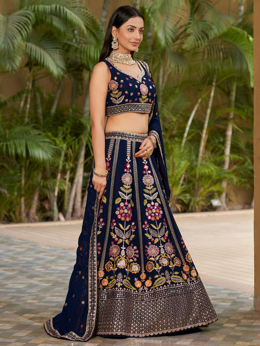Navy Blue Georgette Sequins & Zari Embroidered Lehenga for Wedding Guest
