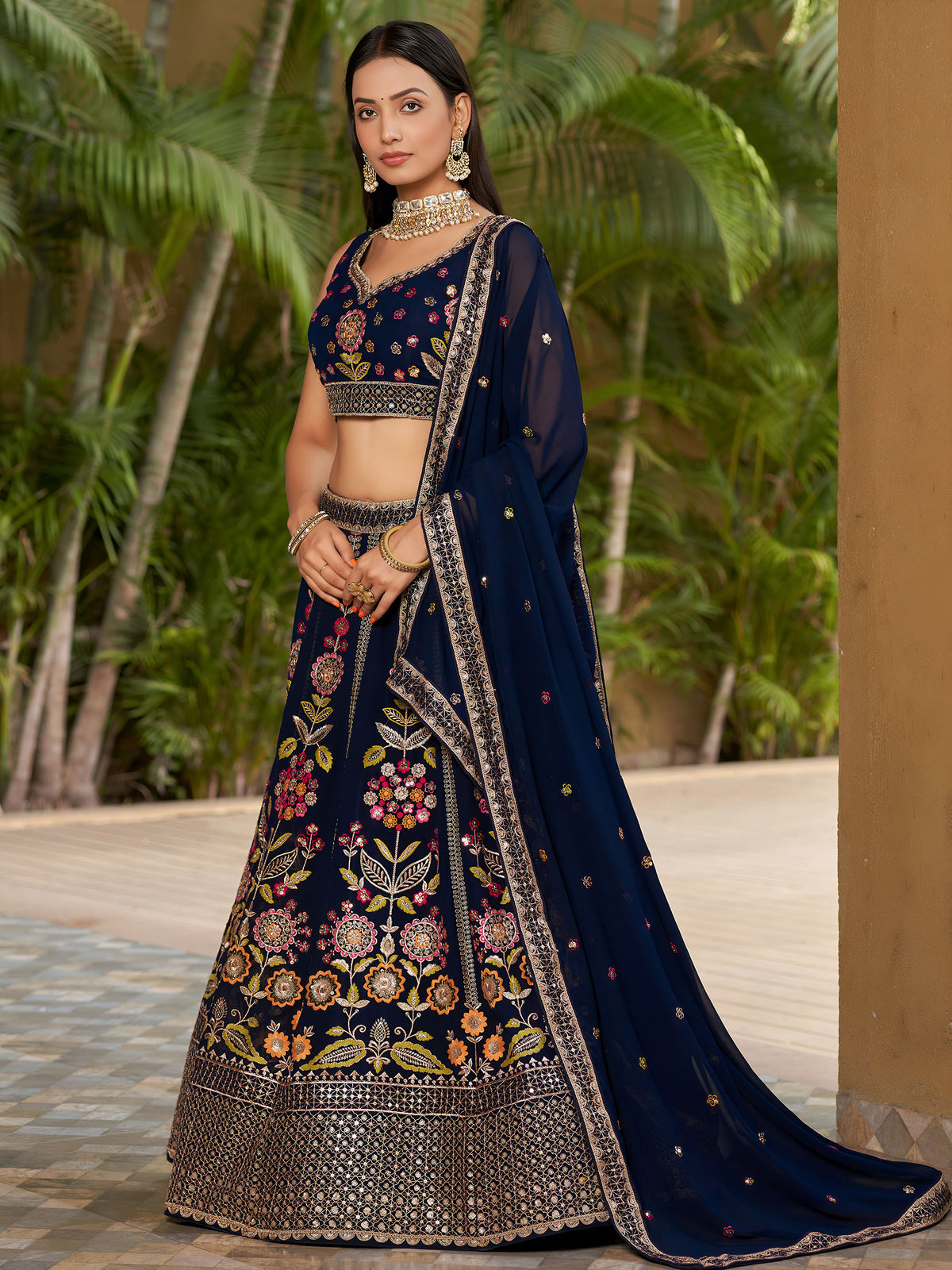 Navy Blue Georgette Sequins & Zari Embroidered Lehenga for Wedding Guest