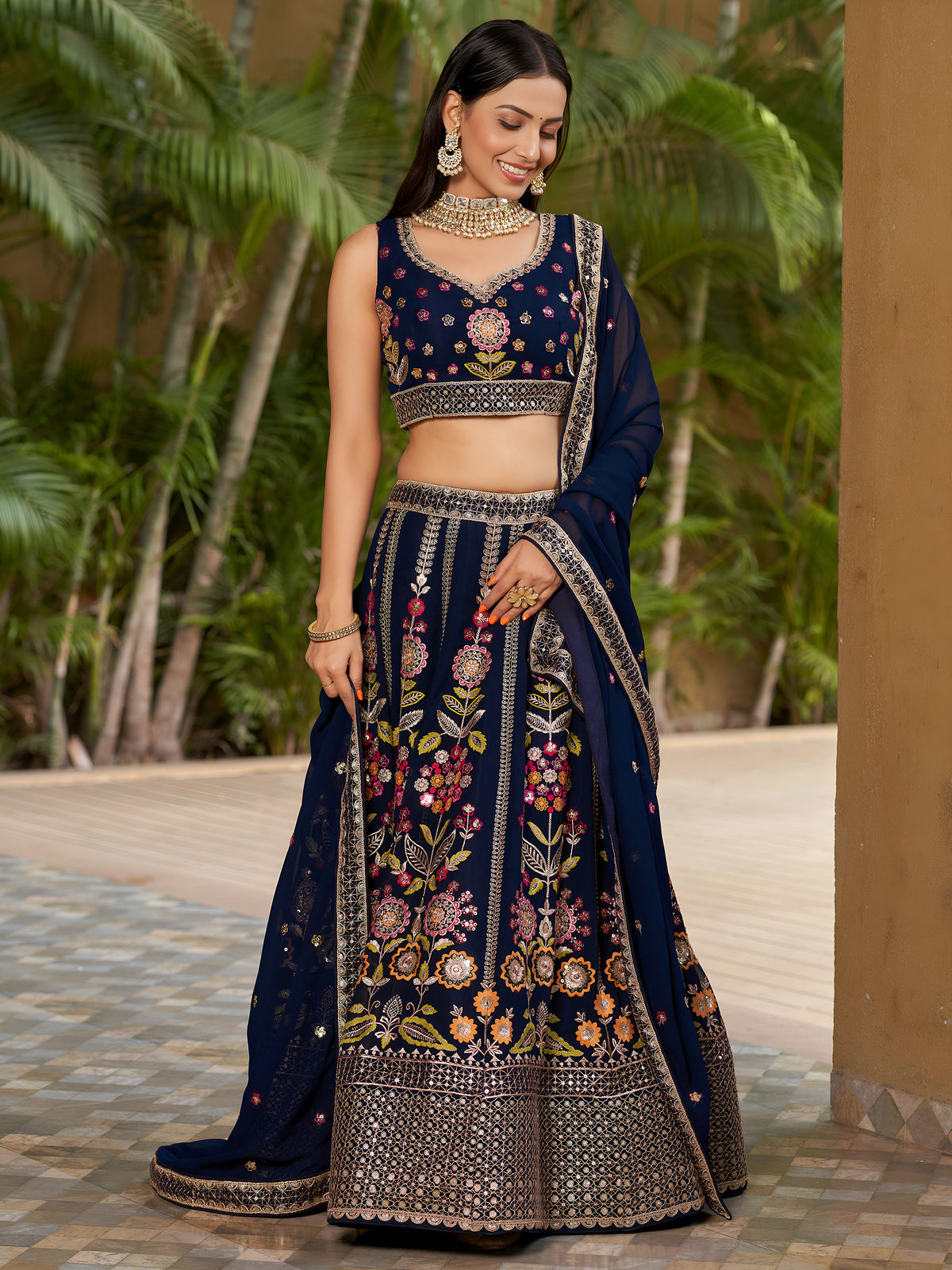Navy Blue Georgette Sequins & Zari Embroidered Lehenga for Wedding Guest