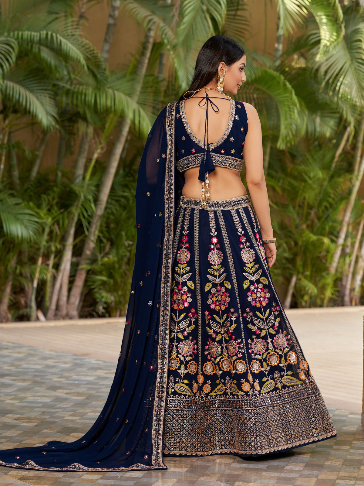 Navy Blue Georgette Sequins & Zari Embroidered Lehenga for Wedding Guest