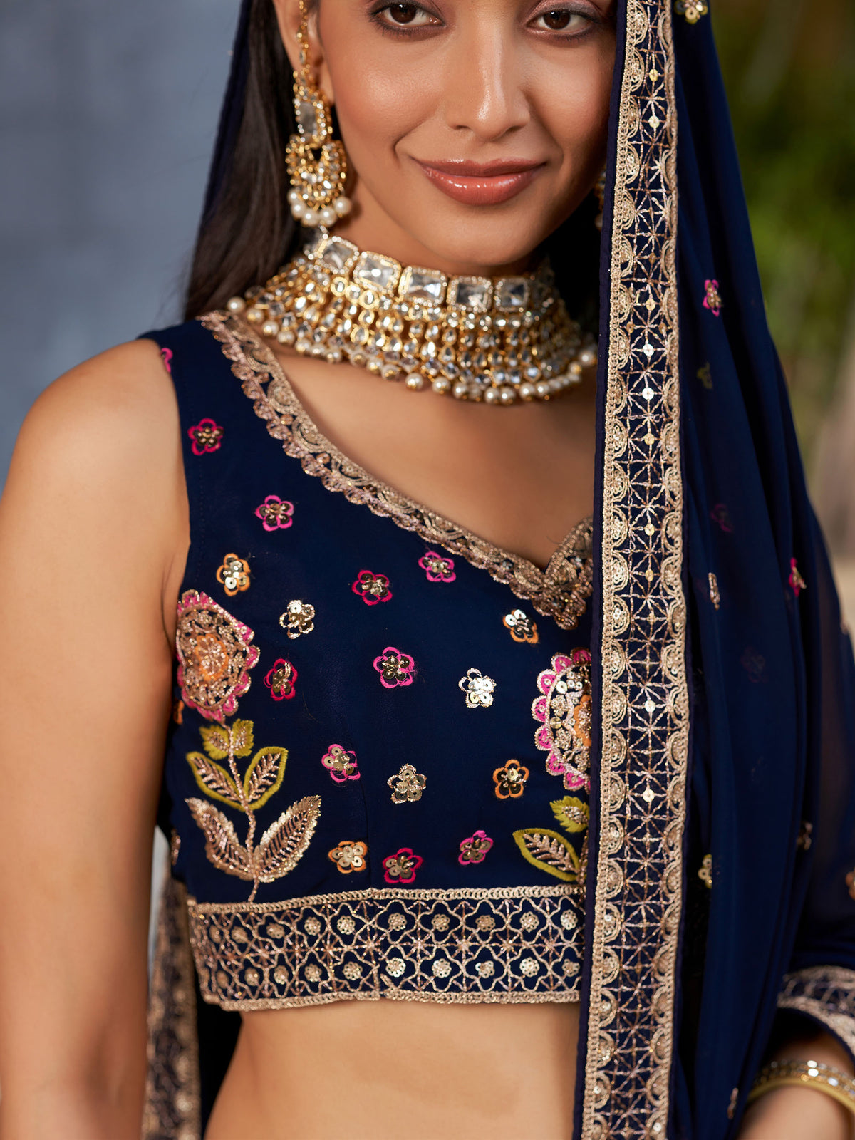 Navy Blue Georgette Sequins & Zari Embroidered Lehenga for Wedding Guest