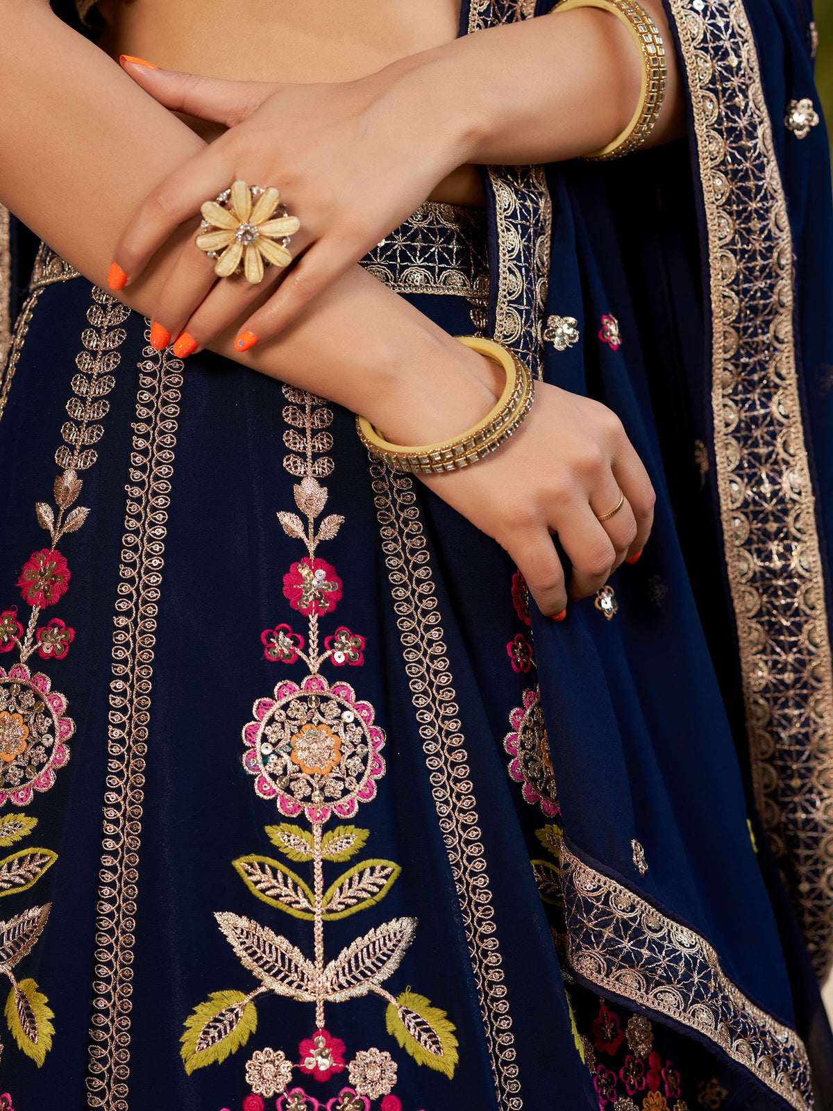 Navy Blue Georgette Sequins & Zari Embroidered Lehenga for Wedding Guest