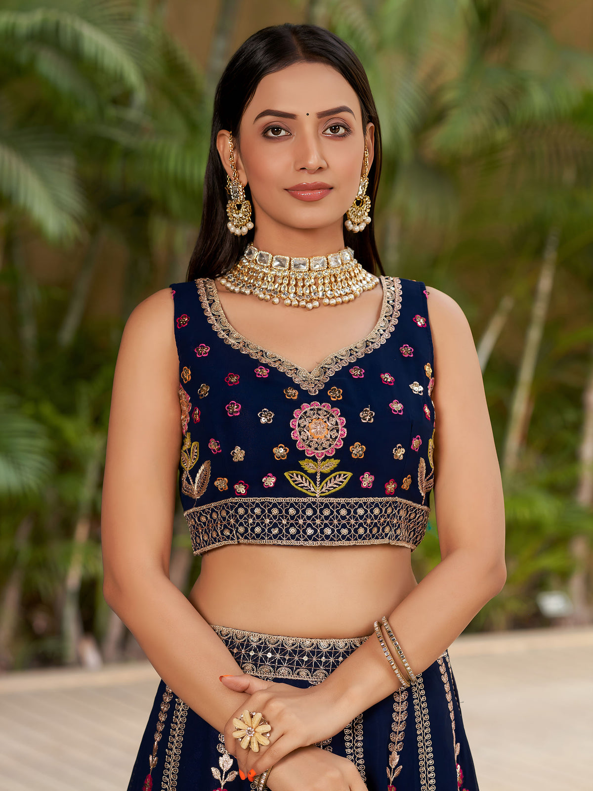 Navy Blue Georgette Sequins & Zari Embroidered Lehenga for Wedding Guest