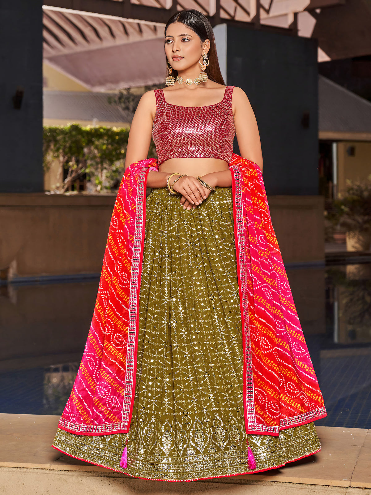 Olive Green & Pink Georgette Sequins & Zari Embroidered Festive Lehenga Choli