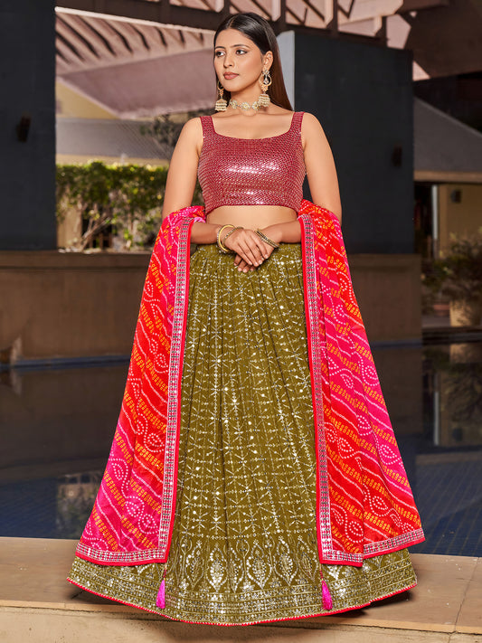 Olive Green & Pink Georgette Sequins & Zari Embroidered Festive Lehenga Choli
