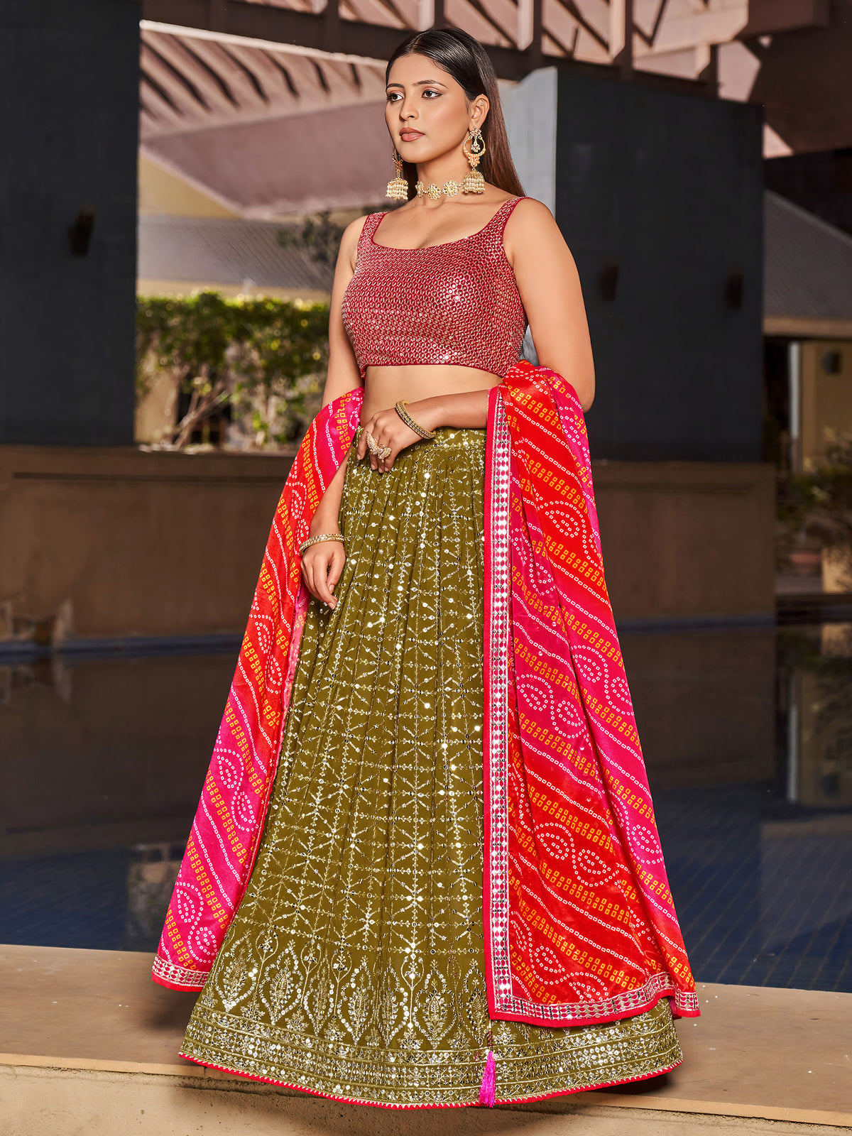Olive Green & Pink Georgette Sequins & Zari Embroidered Festive Lehenga Choli