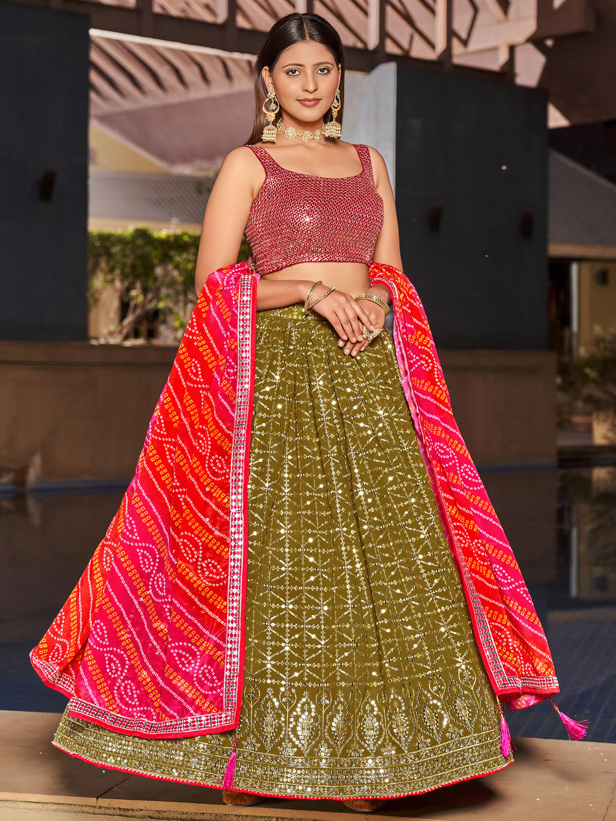 Olive Green & Pink Georgette Sequins & Zari Embroidered Festive Lehenga Choli