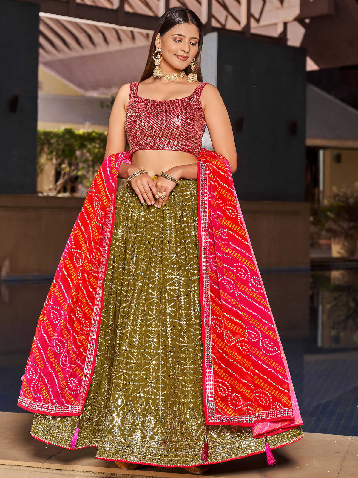 Olive Green & Pink Georgette Sequins & Zari Embroidered Festive Lehenga Choli