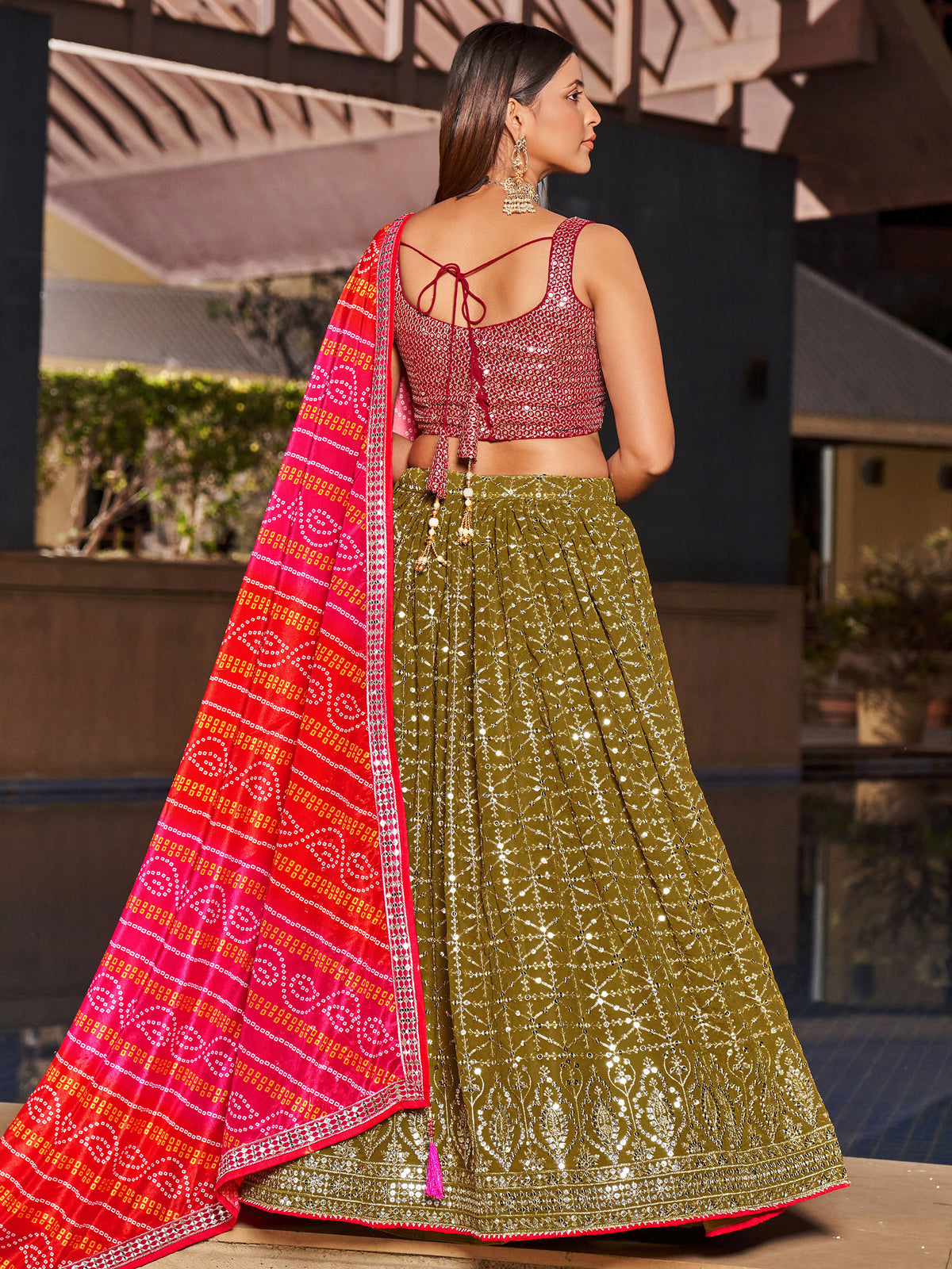 Olive Green & Pink Georgette Sequins & Zari Embroidered Festive Lehenga Choli