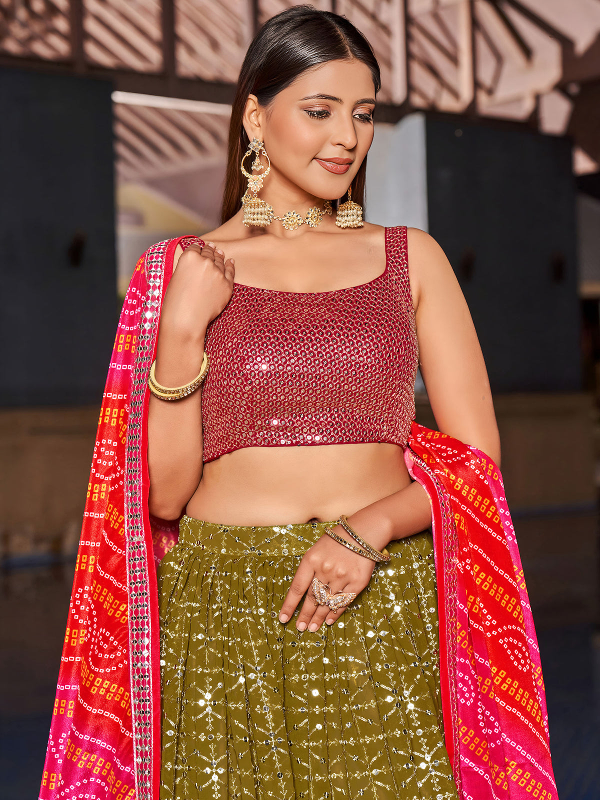 Olive Green & Pink Georgette Sequins & Zari Embroidered Festive Lehenga Choli