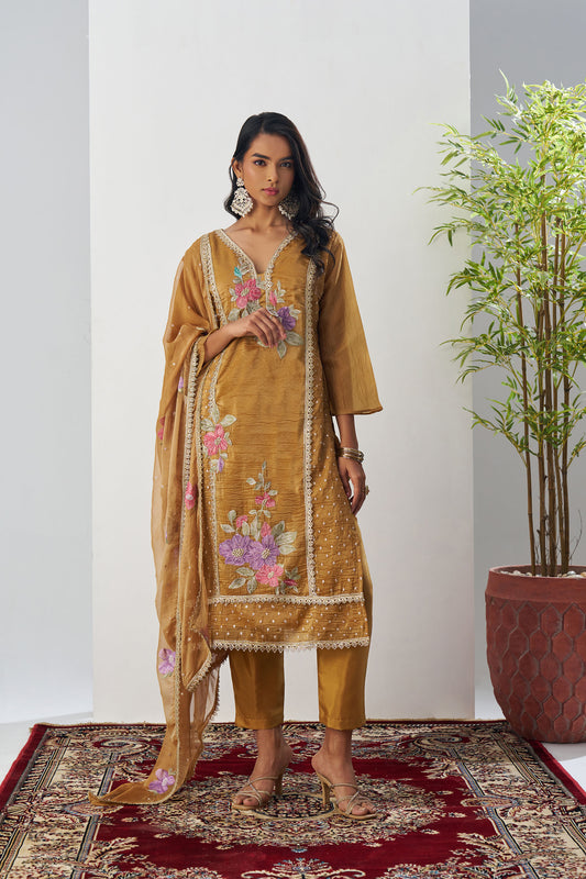 Brown Crush Silk Sequins & Beads Work Festive Kurta Set
