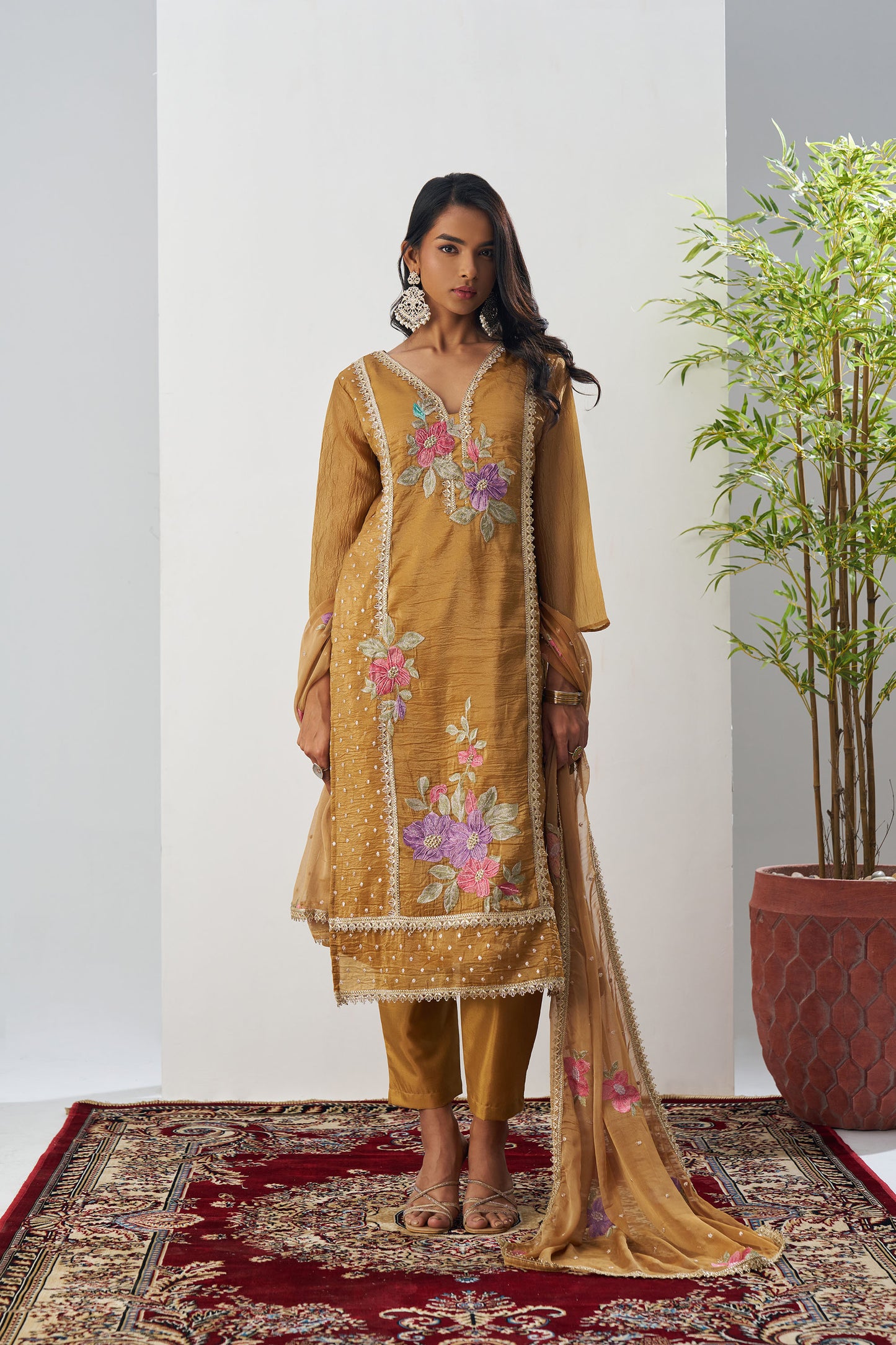 Brown Crush Silk Sequins & Beads Work Festive Kurta Set