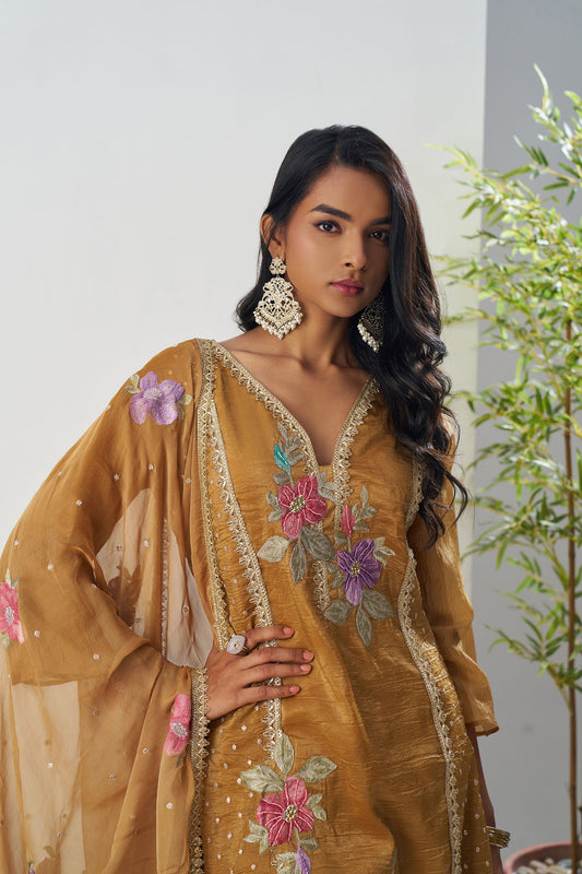 Brown Crush Silk Sequins & Beads Work Festive Kurta Set