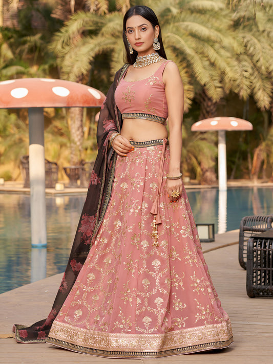 Pink & Brown Georgette Sequins & Zari Embroidered Wedding Guest Lehenga