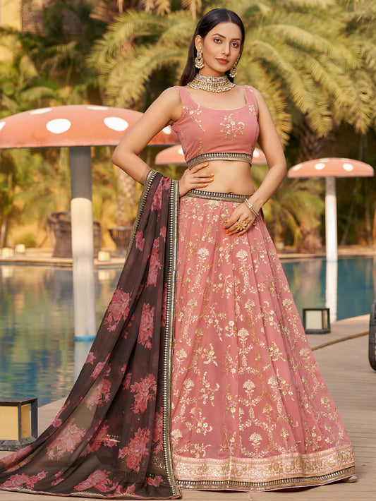 Pink & Brown Georgette Sequins & Zari Embroidered Wedding Guest Lehenga