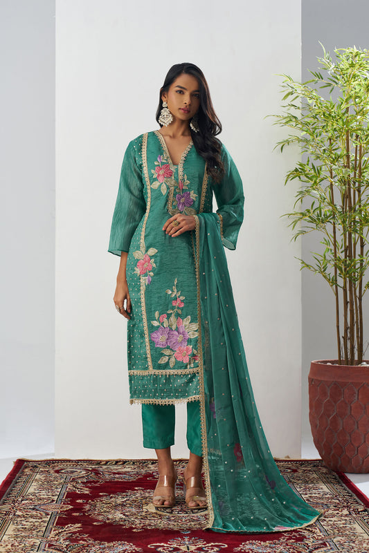 Green Crush Silk Sequins & Beads Work Festive Kurta Set