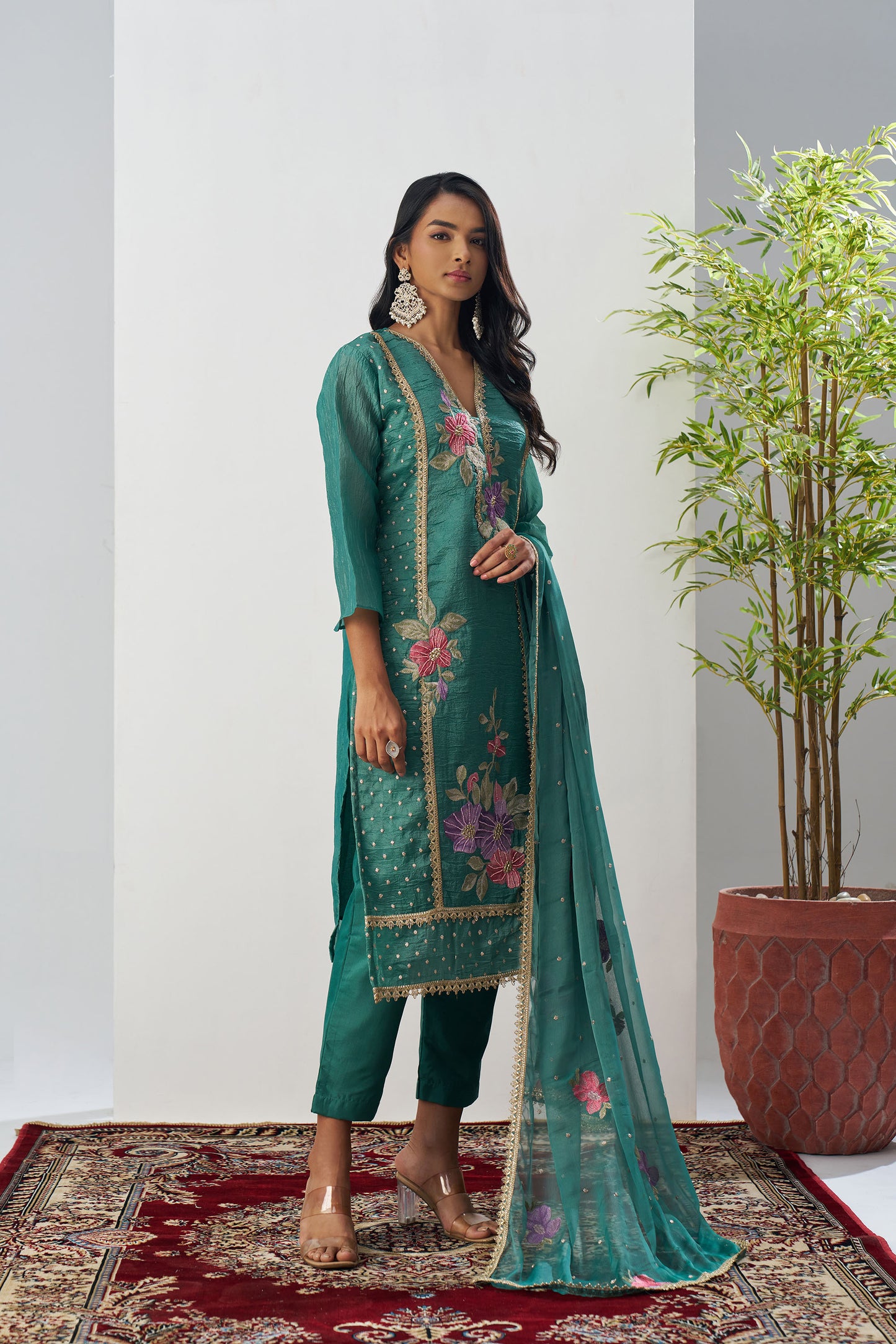 Green Crush Silk Sequins & Beads Work Festive Kurta Set