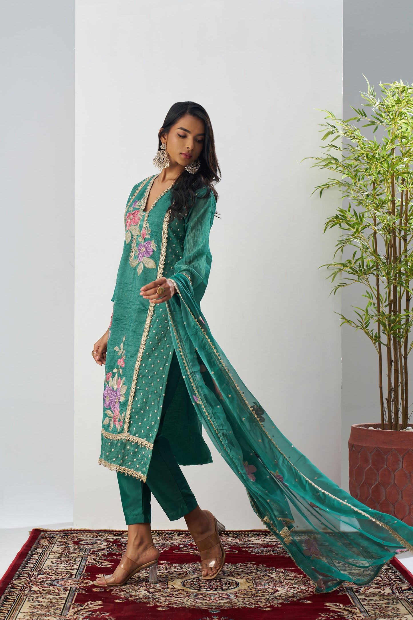 Green Crush Silk Sequins & Beads Work Festive Kurta Set