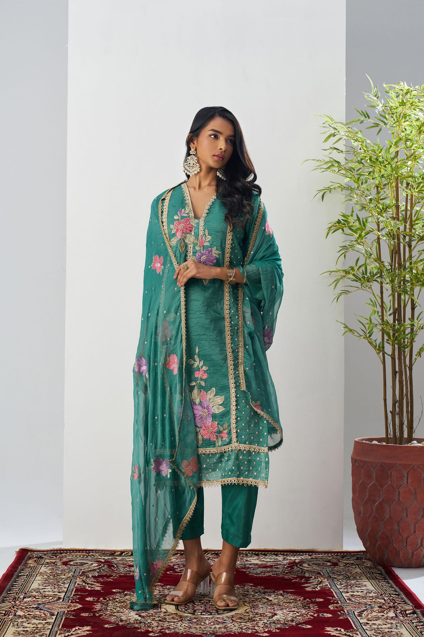 Green Crush Silk Sequins & Beads Work Festive Kurta Set
